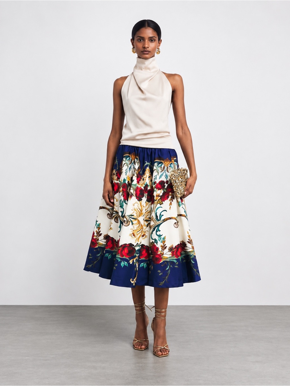 Alice + Olivia Nilda Floral Stretch Cotton Midi Skirt Baroque Print Size 7 New
